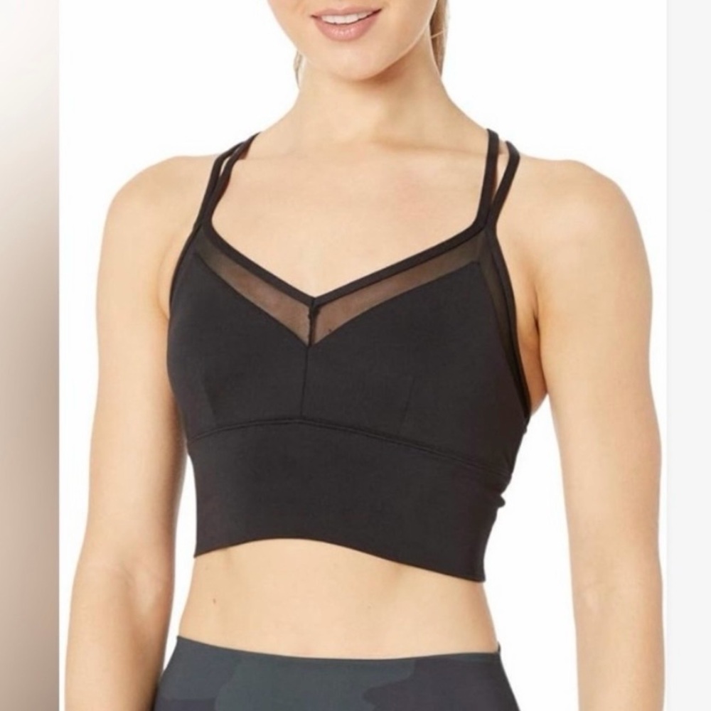 ALO YOGA Black Sneak Long Bra Mesh Details Longline V Neck Strappy Top